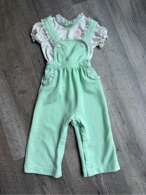 Vintage Carters Mint Green Polka-Print Overalls w/ embroidered duck & Tee 18M